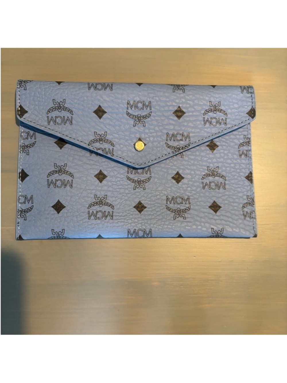 MCM Light Blue Logo Envelope Wallet clutch pouch like new with chain - Picture 5 of 11